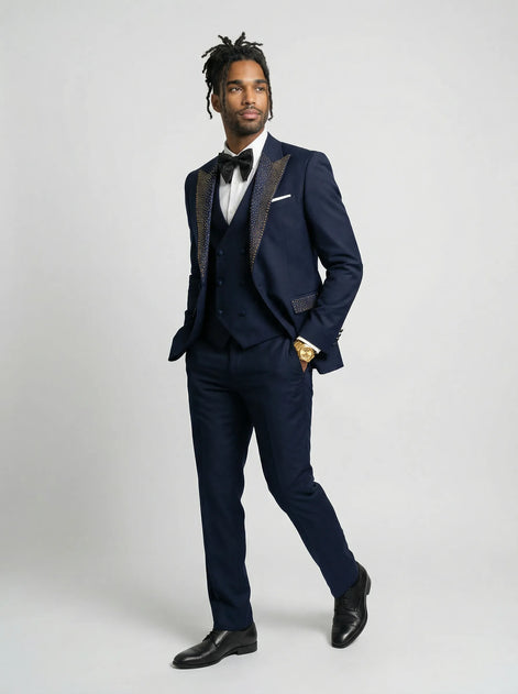 Cobalt Starlight - Navy Gold Crystal Peak Lapel Tuxedo - Nevo Suits