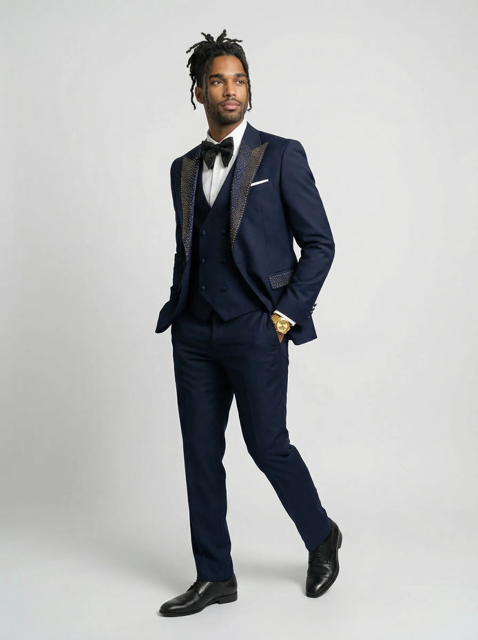 Cobalt Starlight - Navy Gold Crystal Peak Lapel Tuxedo - Nevo Suits