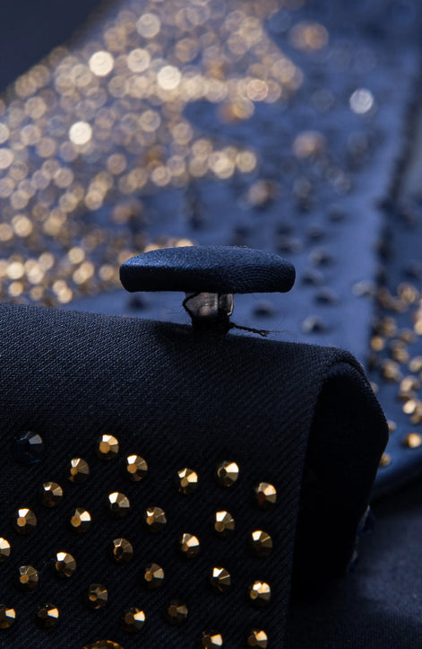 Cobalt Starlight - Navy Gold Crystal Peak Lapel Tuxedo - Nevo Suits