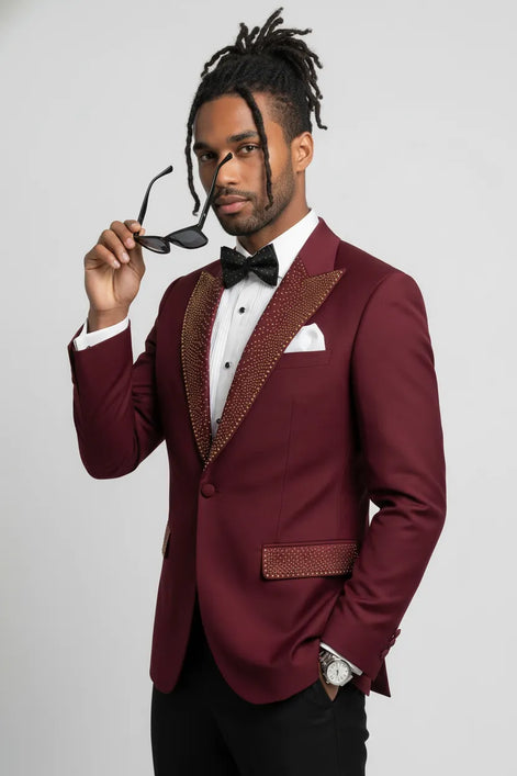 Gold crystal embellishment detail on Crimson Phoenix tuxedo - Nevo Suits