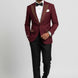Side view of Crimson Phoenix burgundy gold crystal peak lapel tuxedo - Nevo Suits