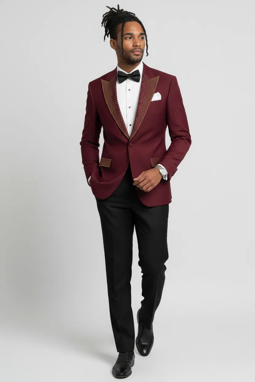 Side view of Crimson Phoenix burgundy gold crystal peak lapel tuxedo - Nevo Suits