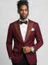 Full front view of Crimson Phoenix burgundy and gold crystal 3-piece tuxedo - Nevo Suits