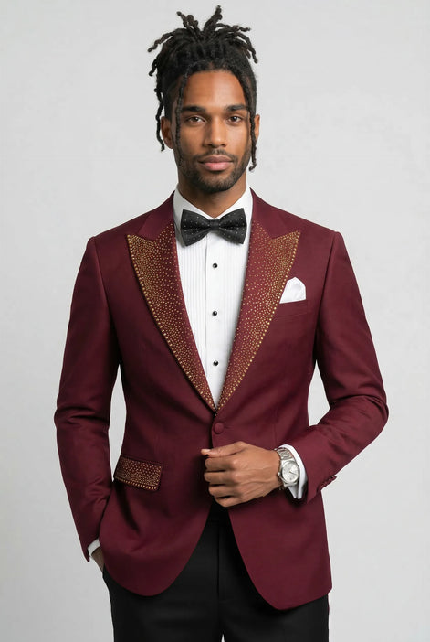 Full front view of Crimson Phoenix burgundy and gold crystal 3-piece tuxedo - Nevo Suits