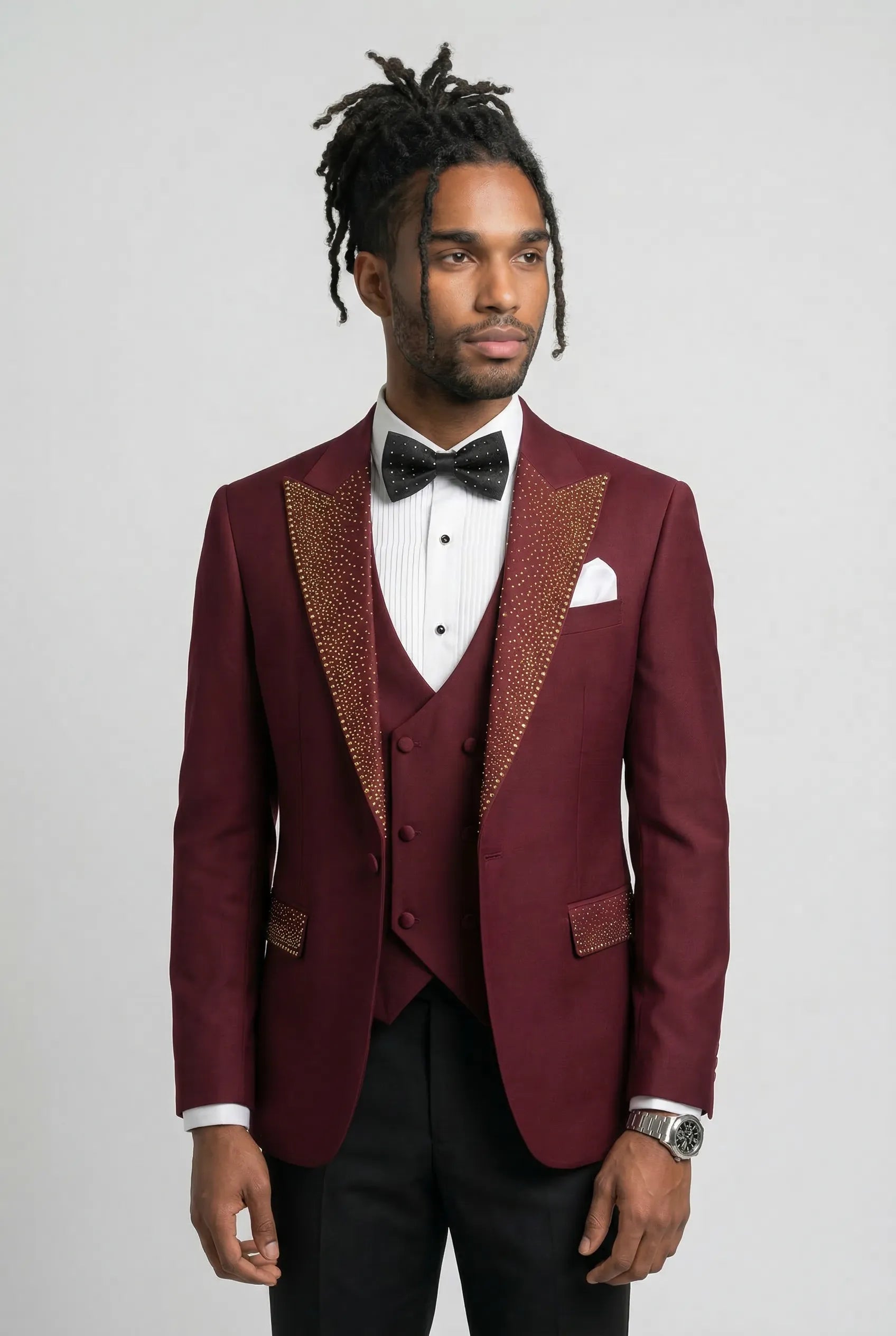 Full view of Crimson Phoenix burgundy gold crystal 3-piece tuxedo - Nevo Suits