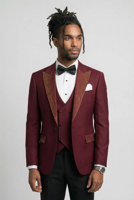 Full view of Crimson Phoenix burgundy gold crystal 3-piece tuxedo - Nevo Suits