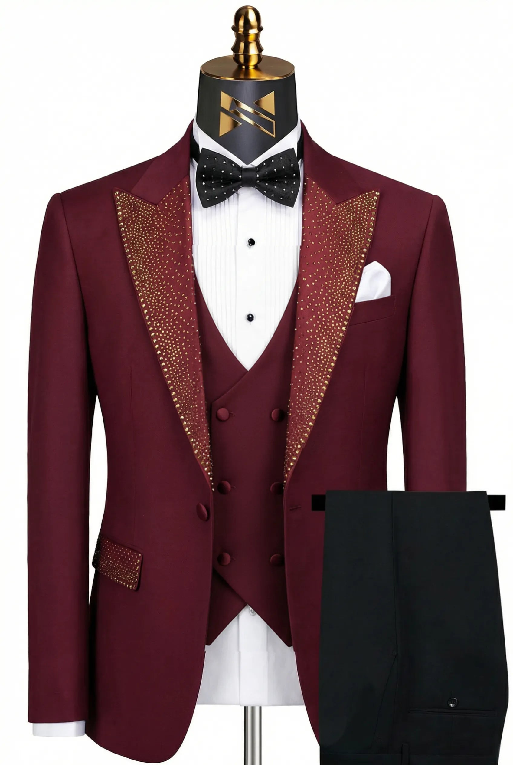 Back view of Crimson Phoenix burgundy crystal tuxedo - Nevo Suits