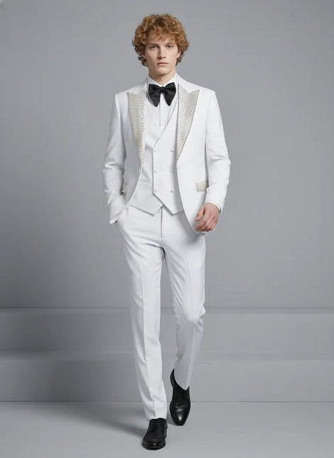 Full front view of Opal Nova white 3-piece tuxedo with crystal-encrusted peak lapels - Nevo Suit