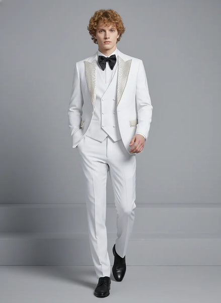 Full front view of Opal Nova white 3-piece tuxedo with crystal-encrusted peak lapels - Nevo Suit