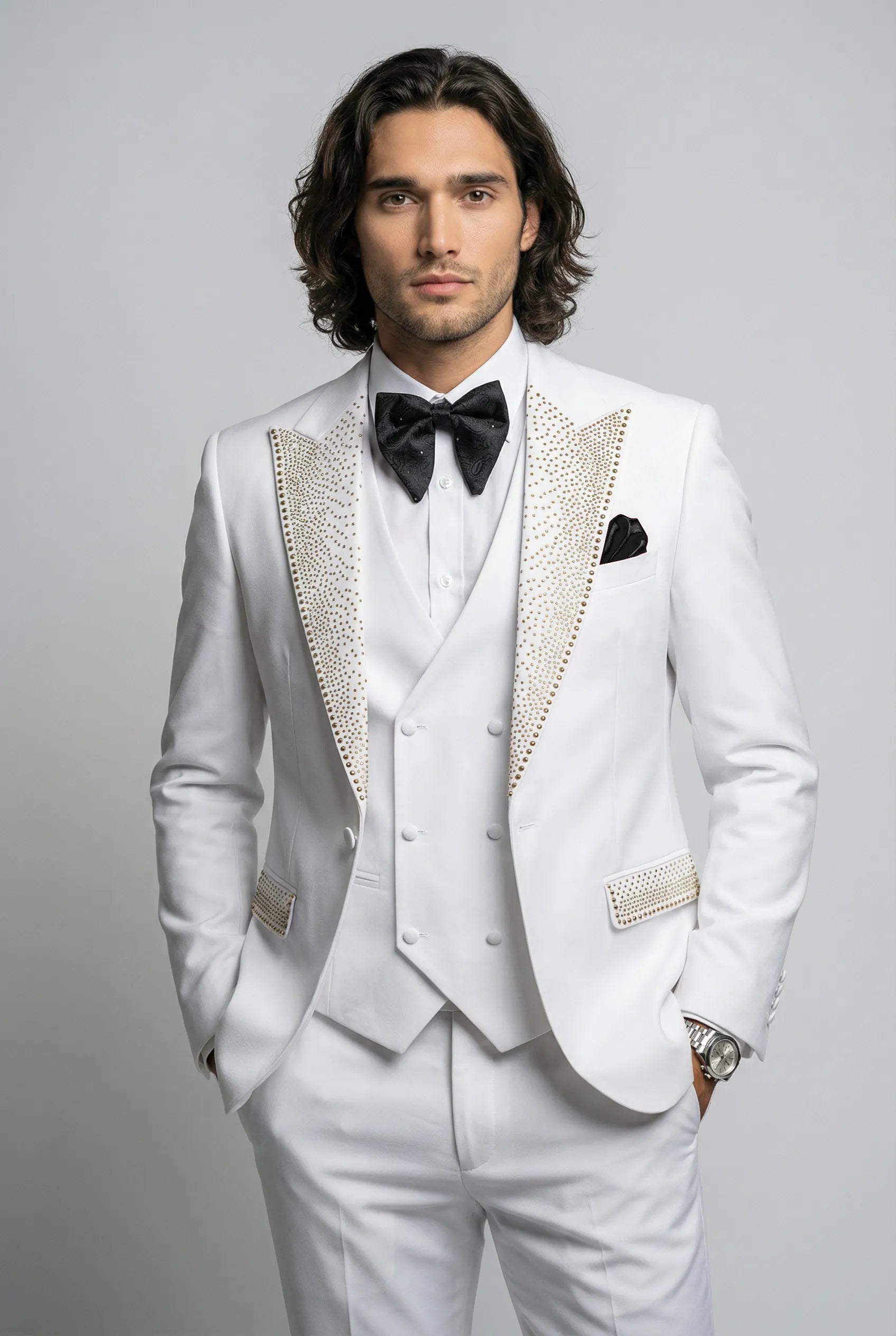 Detailed product view of white U-cut vest and tailored trousers for 3-piece crystal tuxedo set - Nevo Suit