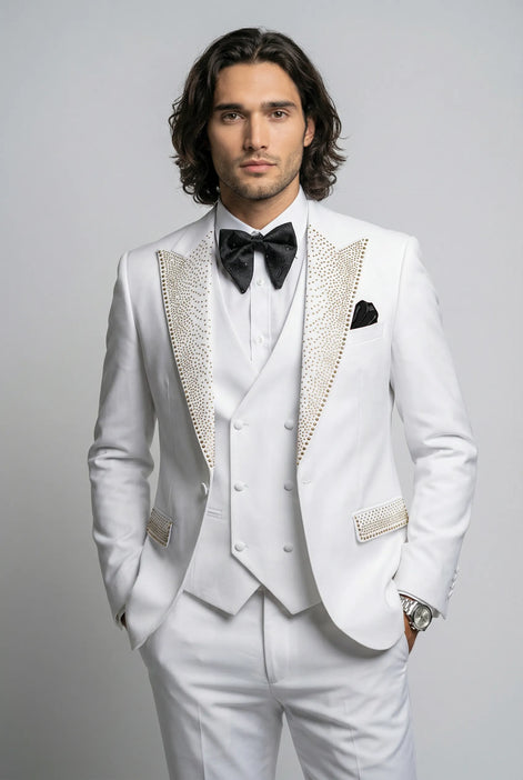 Detailed product view of white U-cut vest and tailored trousers for 3-piece crystal tuxedo set - Nevo Suit
