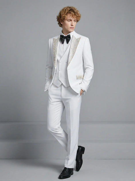 Detailed view of hand-set silver crystals on white peak lapel and pocket flaps - Nevo Suit
