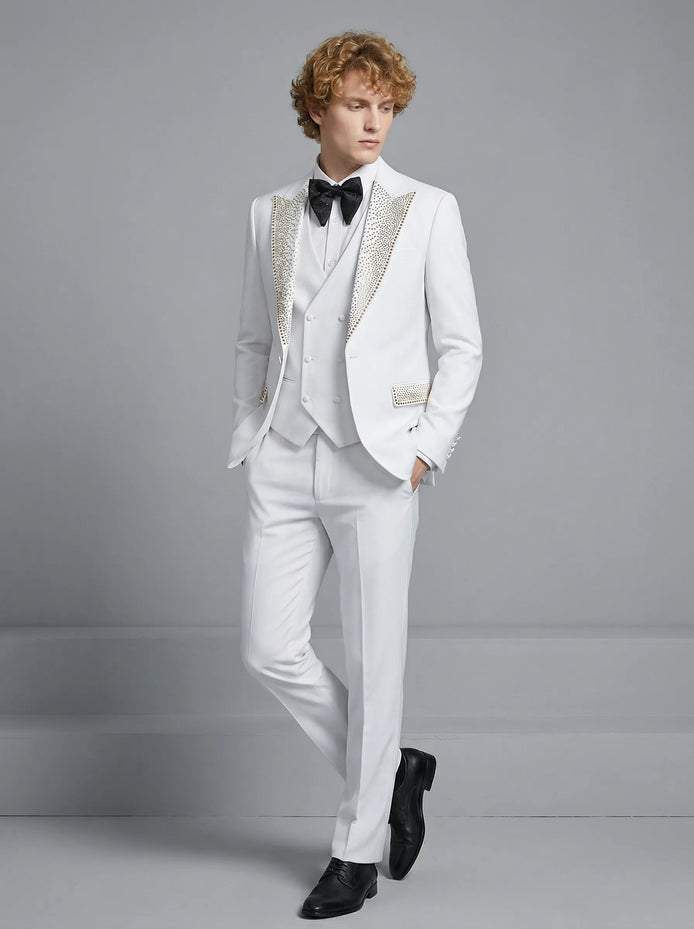 Detailed view of hand-set silver crystals on white peak lapel and pocket flaps - Nevo Suit