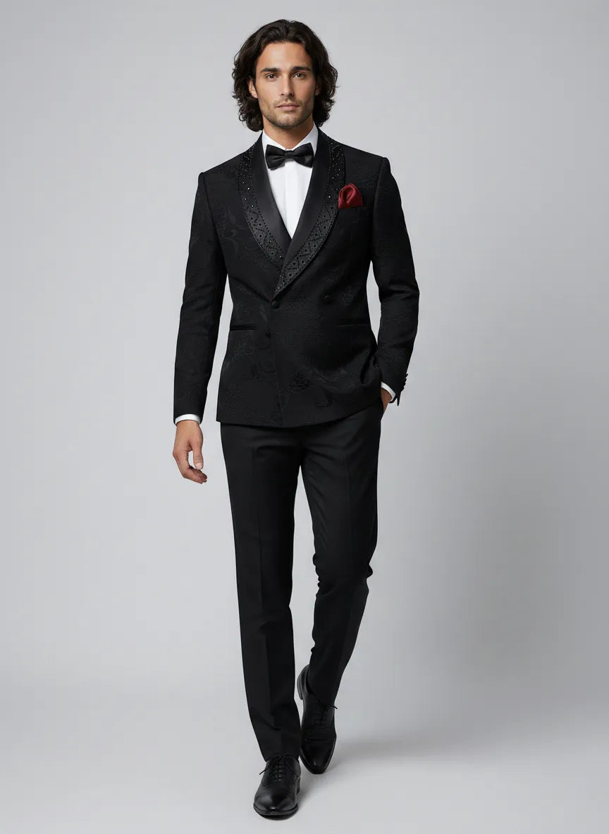 Full front view of Onyx Prism black jacquard 2-piece tuxedo with diamond-encrusted shawl lapel - Nevo Suits