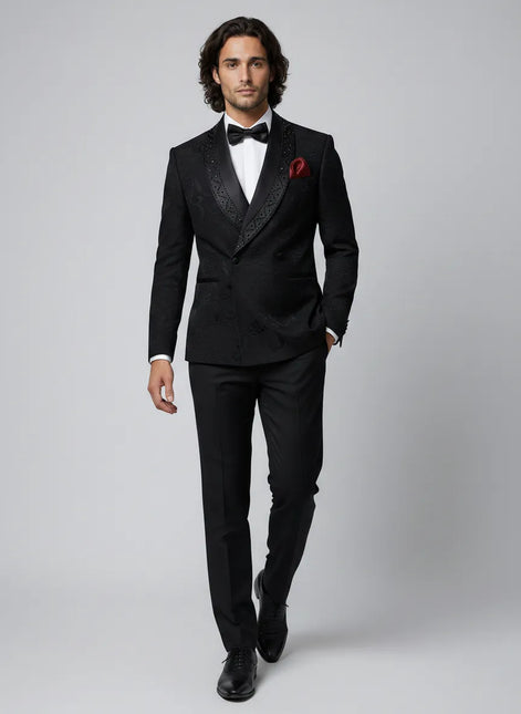 Full front view of Onyx Prism black jacquard 2-piece tuxedo with diamond-encrusted shawl lapel - Nevo Suits