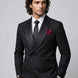 Close up of hand-set crystals in a geometric pattern on black satin shawl collar - Nevo Suits