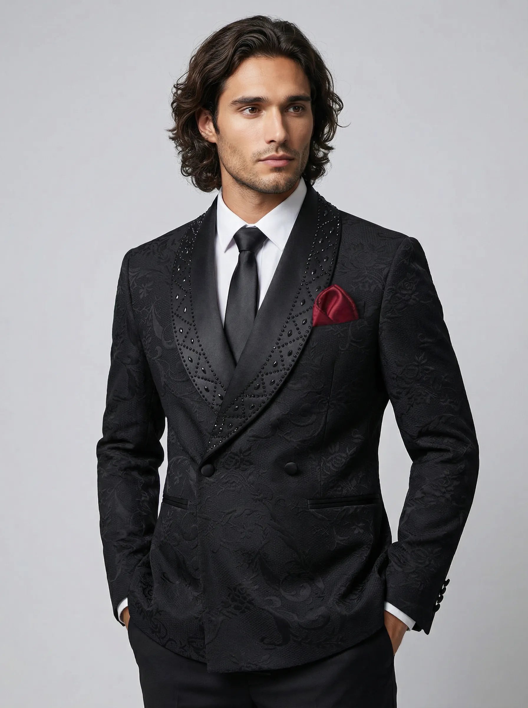 Close up of hand-set crystals in a geometric pattern on black satin shawl collar - Nevo Suits