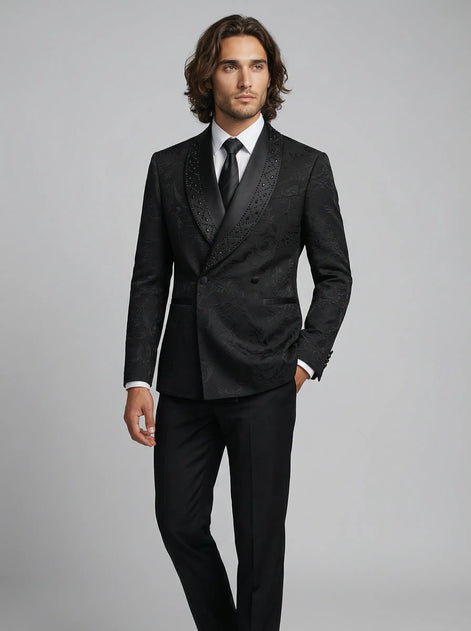 Detailed view of black double-breasted buttons and rose jacquard fabric texture - Nevo Suits