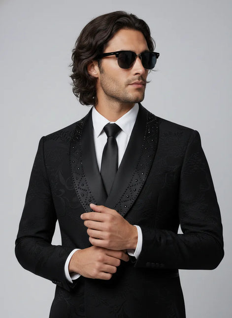 Full front view of Onyx Prism black jacquard 2-piece tuxedo with diamond-encrusted shawl lapel - Nevo Suits