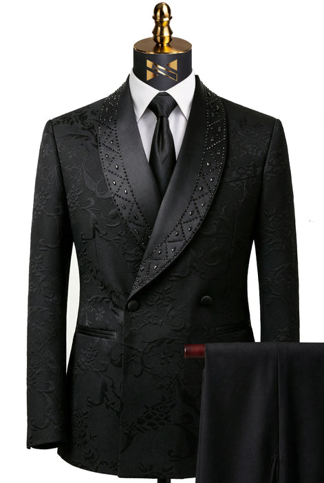 Side profile of Onyx Prism black jacquard double-breasted tuxedo - Nevo Suits