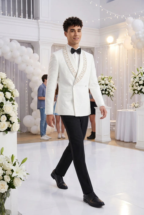 Moonstone Prism - White Jacquard & Diamond 2-Piece Tuxedo Set