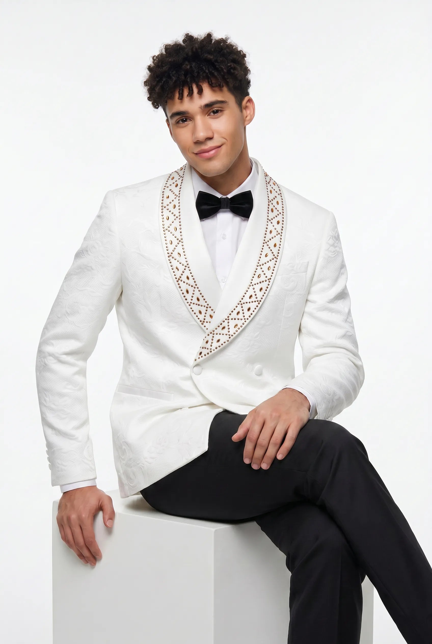 Moonstone Prism - White Jacquard & Diamond 2-Piece Tuxedo Set