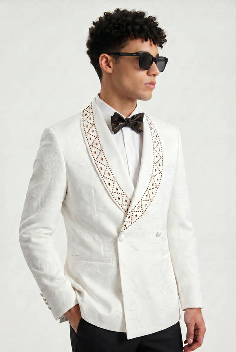 Moonstone Prism - White Jacquard & Diamond 2-Piece Tuxedo Set