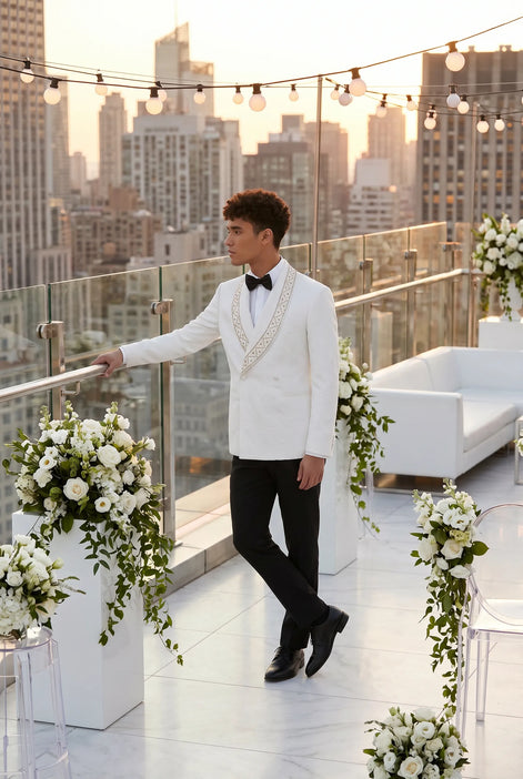 Moonstone Prism - White Jacquard & Diamond 2-Piece Tuxedo Set