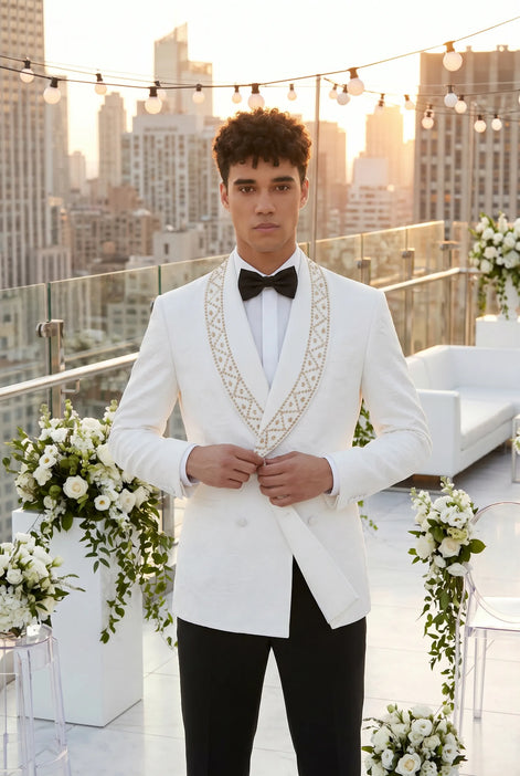 Moonstone Prism - White Jacquard & Diamond 2-Piece Tuxedo Set