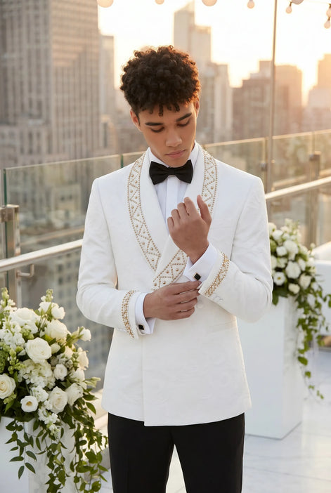 Moonstone Prism - White Jacquard & Diamond 2-Piece Tuxedo Set