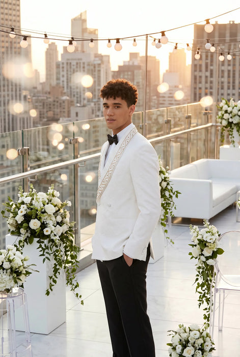 Moonstone Prism - White Jacquard & Diamond 2-Piece Tuxedo Set