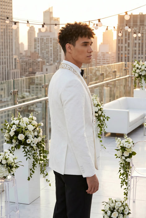 Moonstone Prism - White Jacquard & Diamond 2-Piece Tuxedo Set