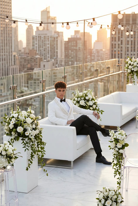 Moonstone Prism - White Jacquard & Diamond 2-Piece Tuxedo Set