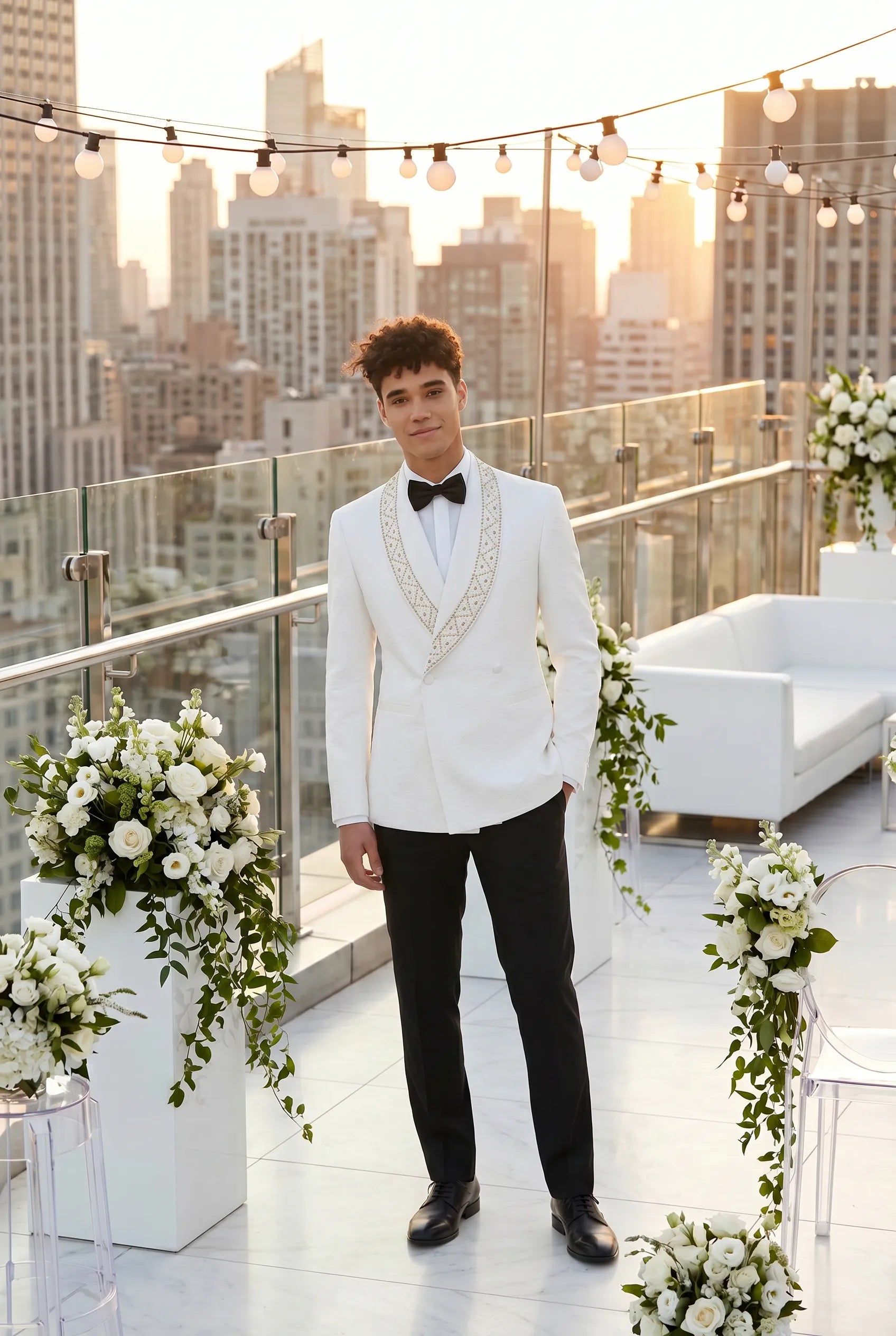 Moonstone Prism - White Jacquard & Diamond 2-Piece Tuxedo Set