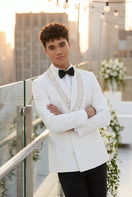 Moonstone Prism - White Jacquard & Diamond 2-Piece Tuxedo Set