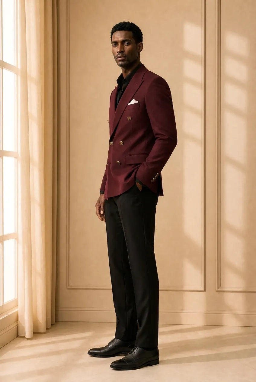 Merlot Echelon - Burgundy Double-Breasted Crest-Button Blazer