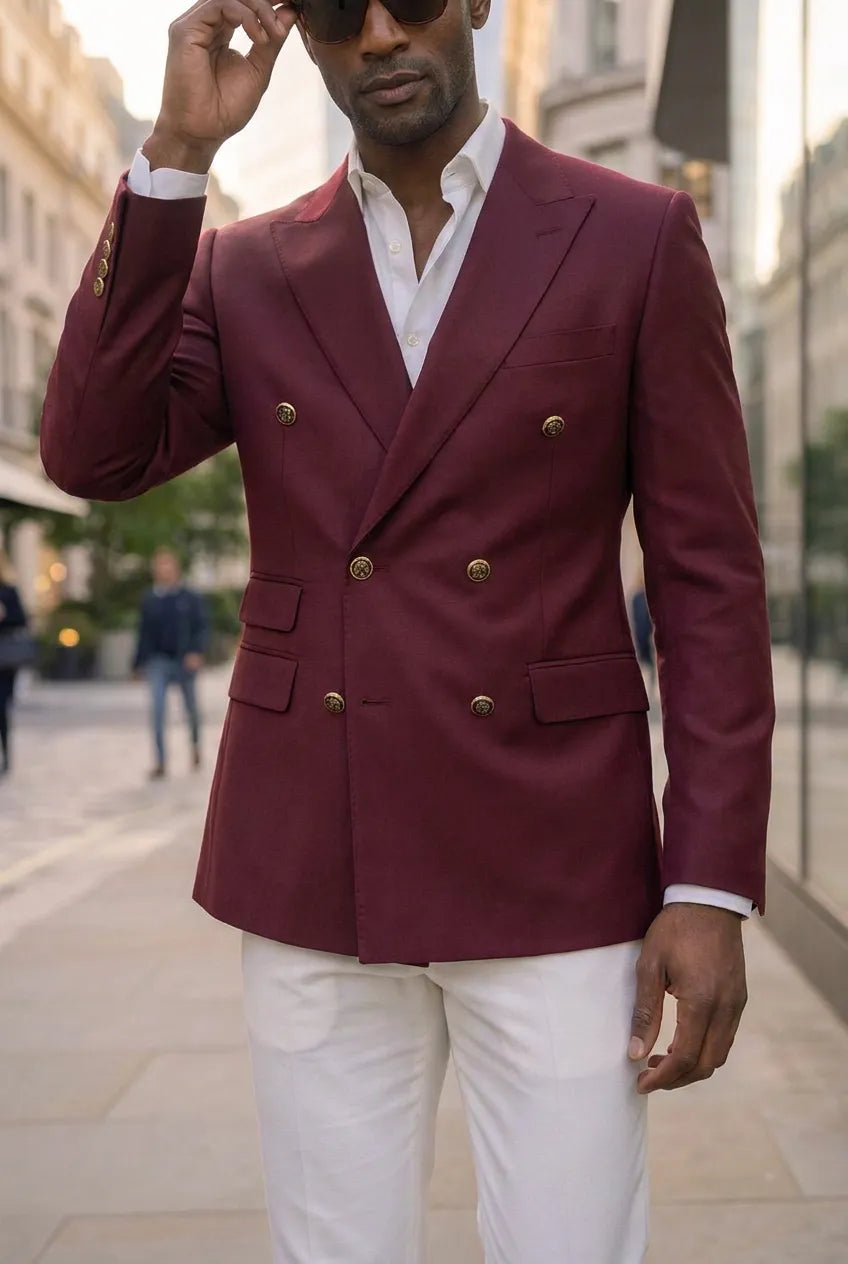 Merlot Echelon - Burgundy Double-Breasted Crest-Button Blazer