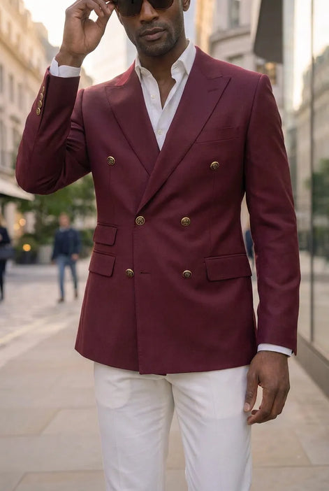 Merlot Echelon - Burgundy Double-Breasted Crest-Button Blazer
