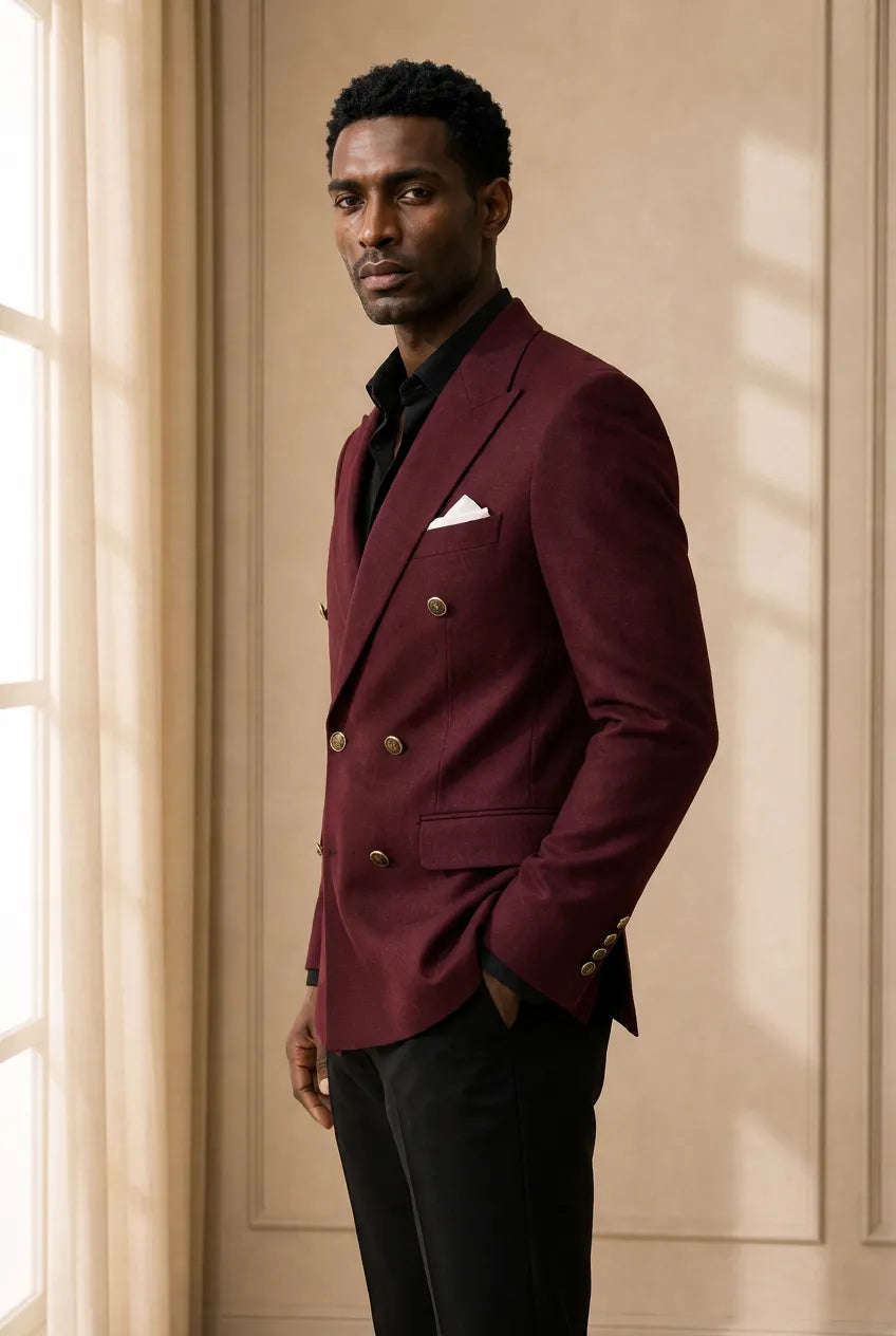 Merlot Echelon - Burgundy Double-Breasted Crest-Button Blazer