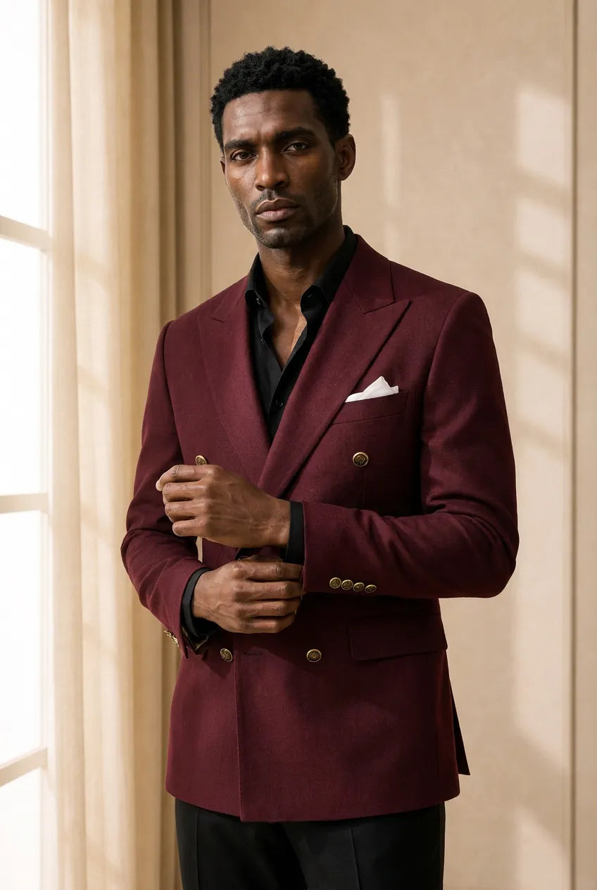 Merlot Echelon - Burgundy Double-Breasted Crest-Button Blazer