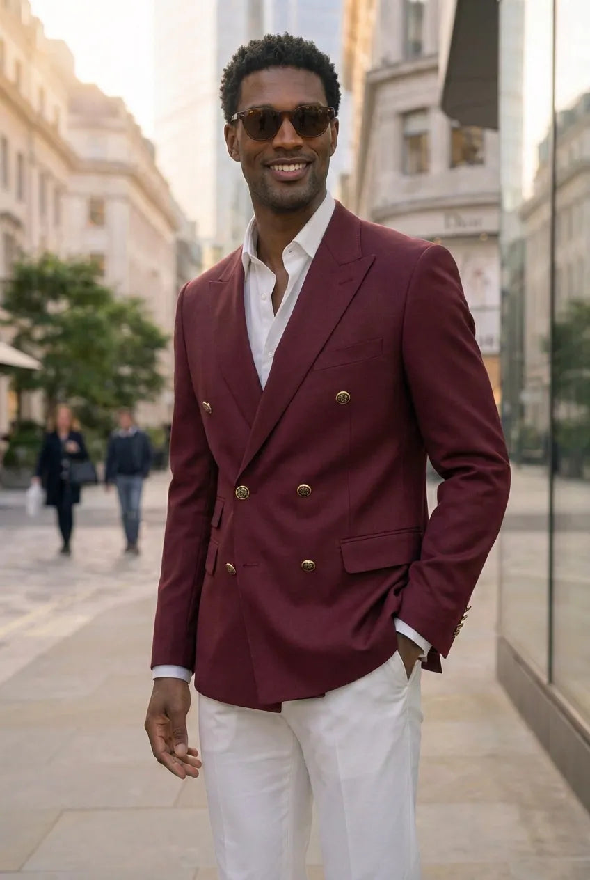 Merlot Echelon - Burgundy Double-Breasted Crest-Button Blazer