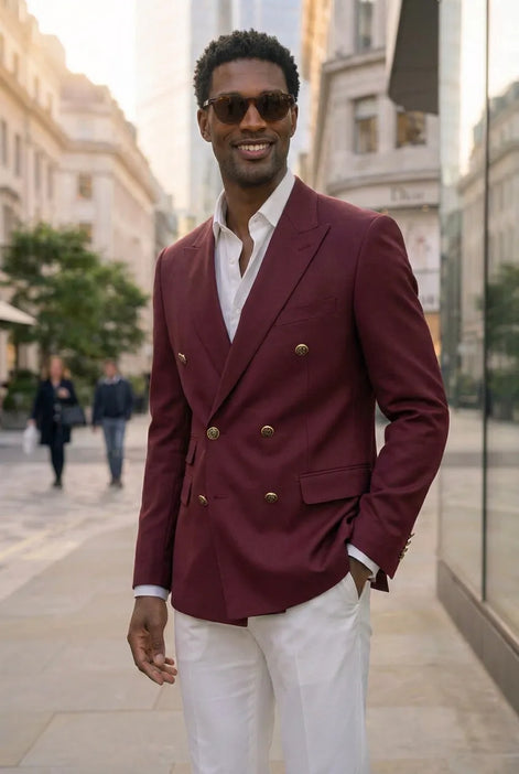 Merlot Echelon - Burgundy Double-Breasted Crest-Button Blazer