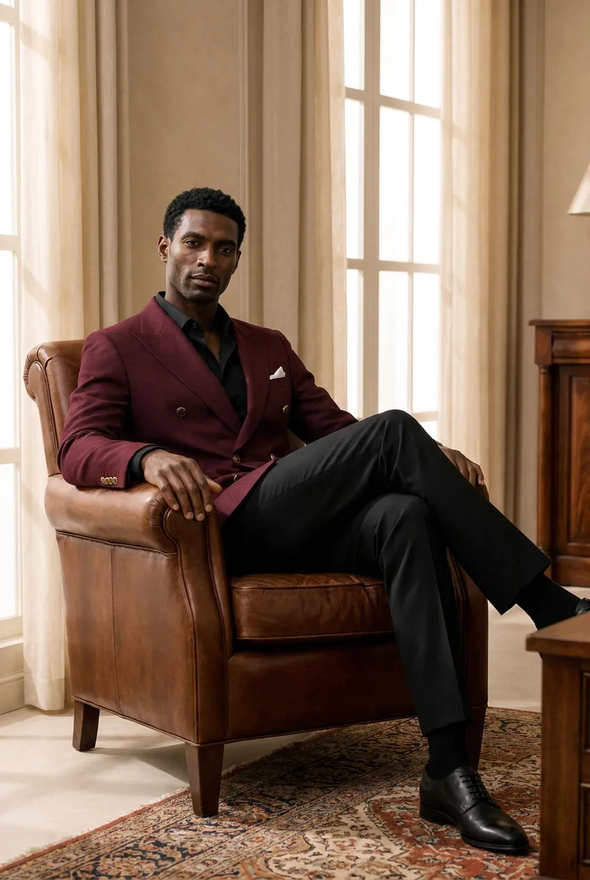 Merlot Echelon - Burgundy Double-Breasted Crest-Button Blazer