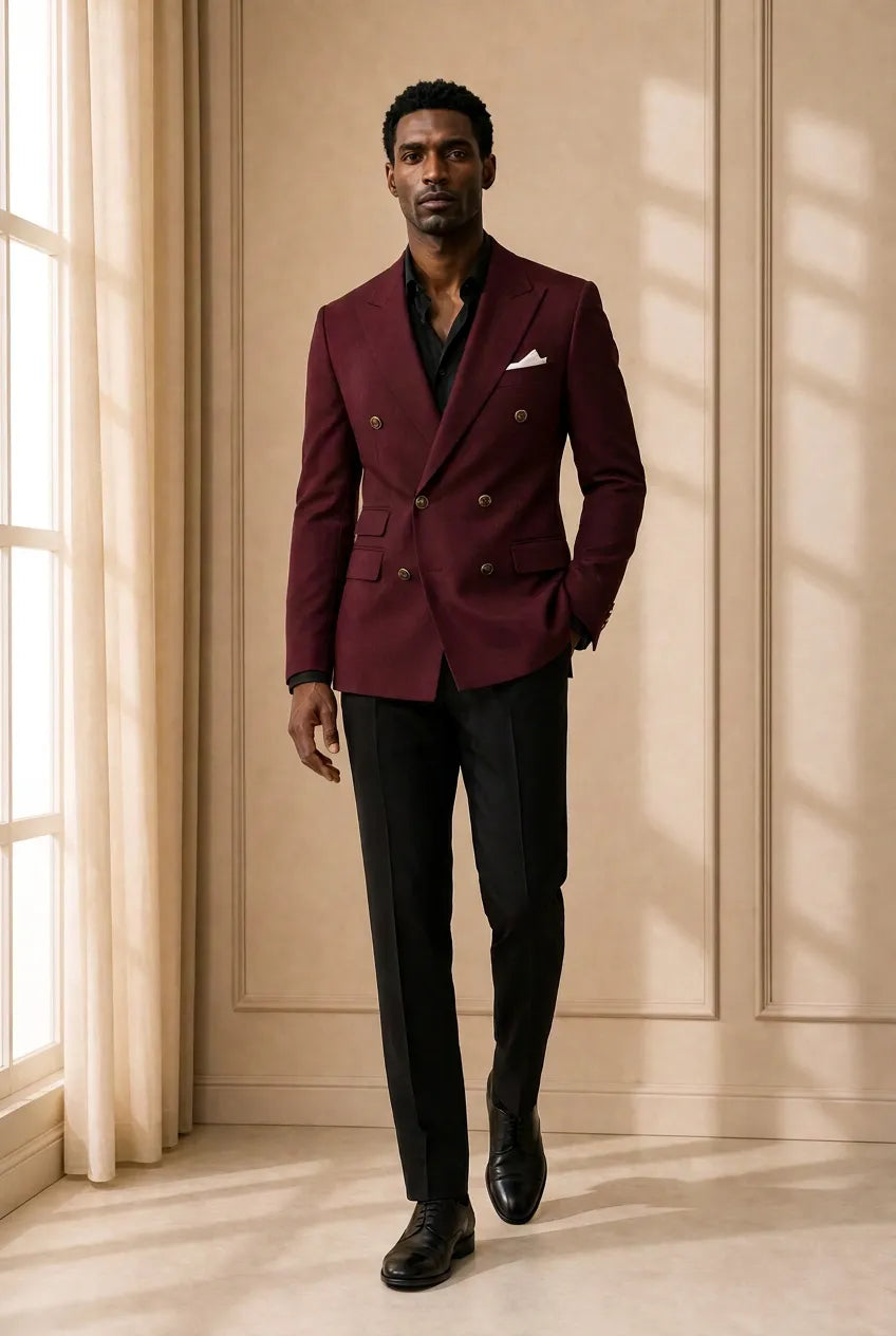 Merlot Echelon - Burgundy Double-Breasted Crest-Button Blazer