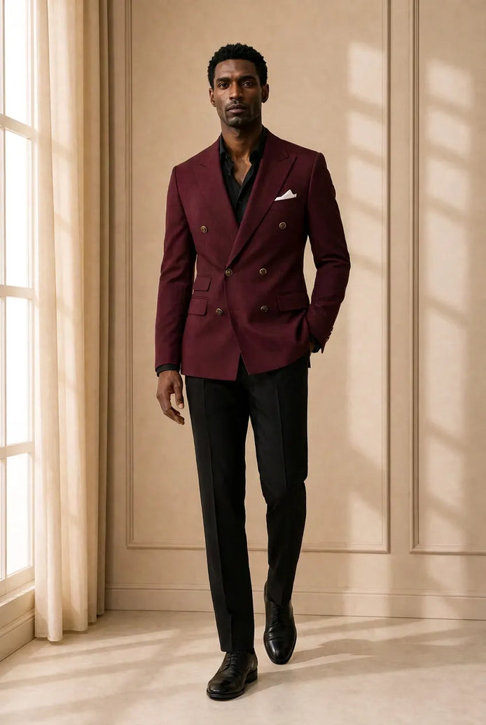 Merlot Echelon - Burgundy Double-Breasted Crest-Button Blazer