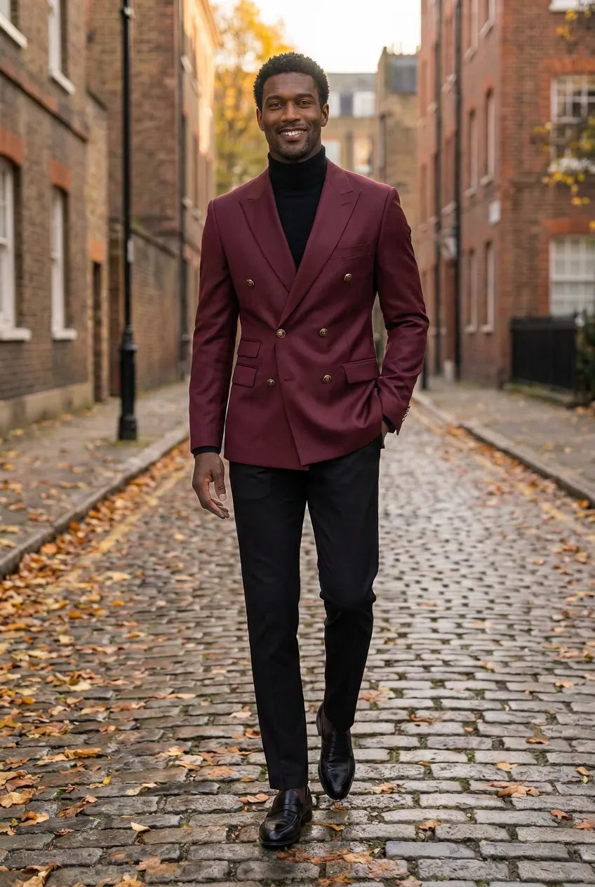 Merlot Echelon - Burgundy Double-Breasted Crest-Button Blazer