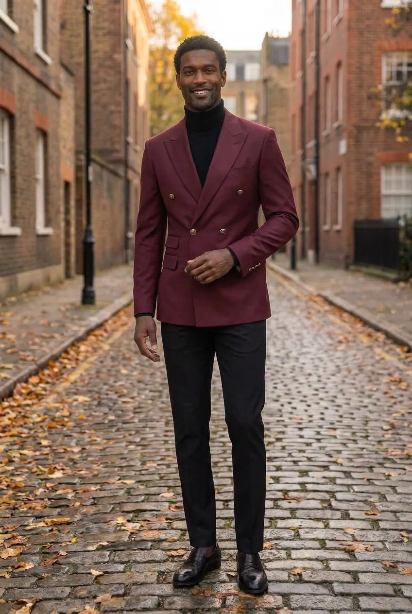 Merlot Echelon - Burgundy Double-Breasted Crest-Button Blazer