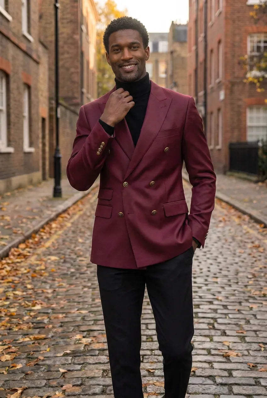 Merlot Echelon - Burgundy Double-Breasted Crest-Button Blazer