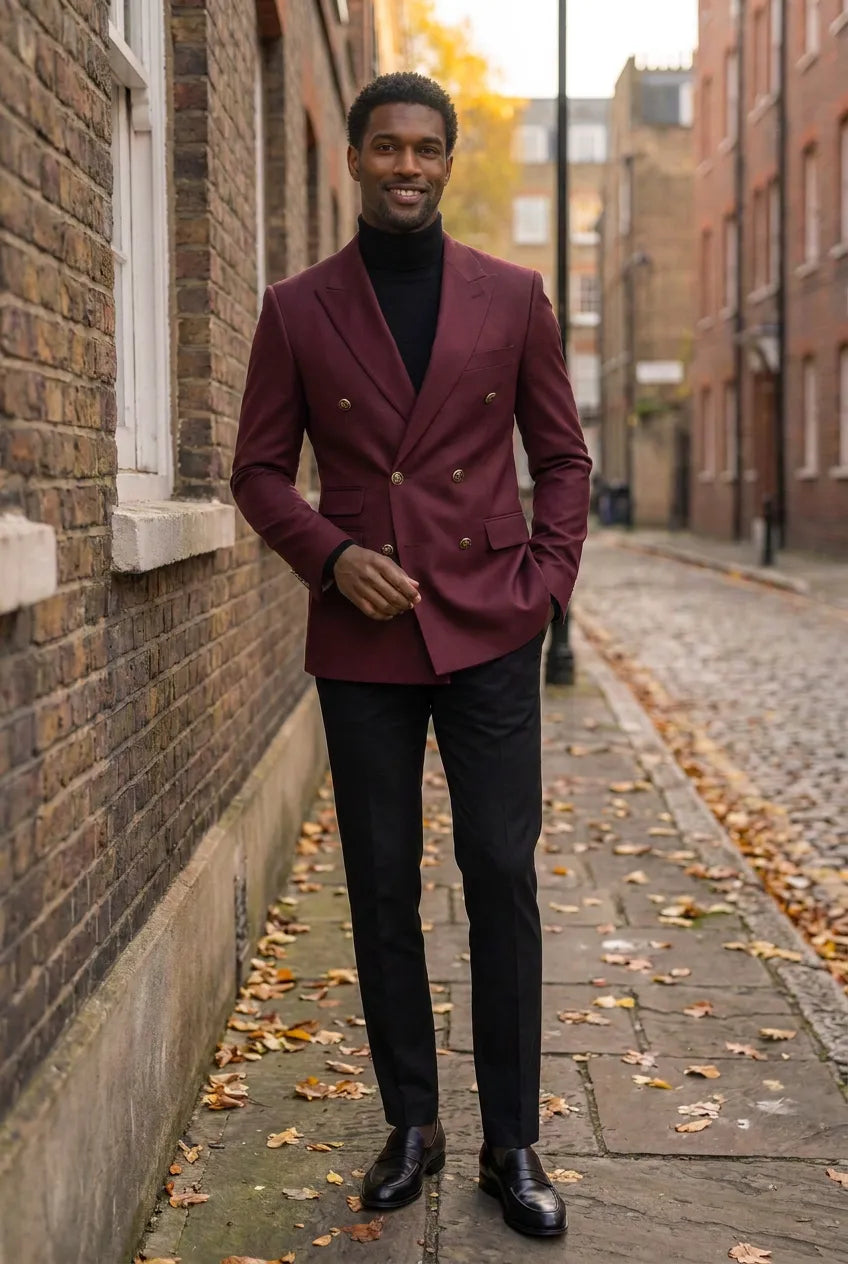 Merlot Echelon - Burgundy Double-Breasted Crest-Button Blazer