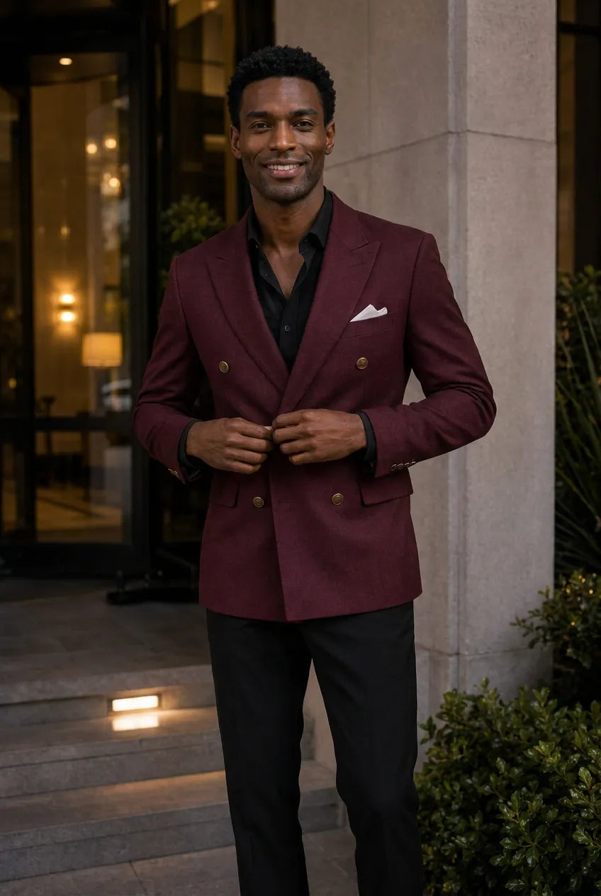 Merlot Echelon - Burgundy Double-Breasted Crest-Button Blazer